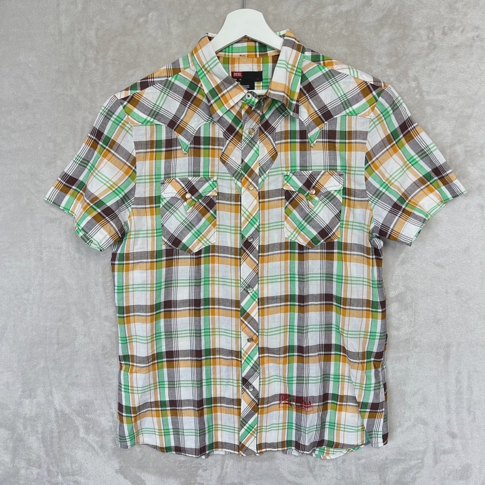 Diesel Plaid Button Up Shirt Mens XL Double Pointed Yoke Slim Fit Short Sleeve *